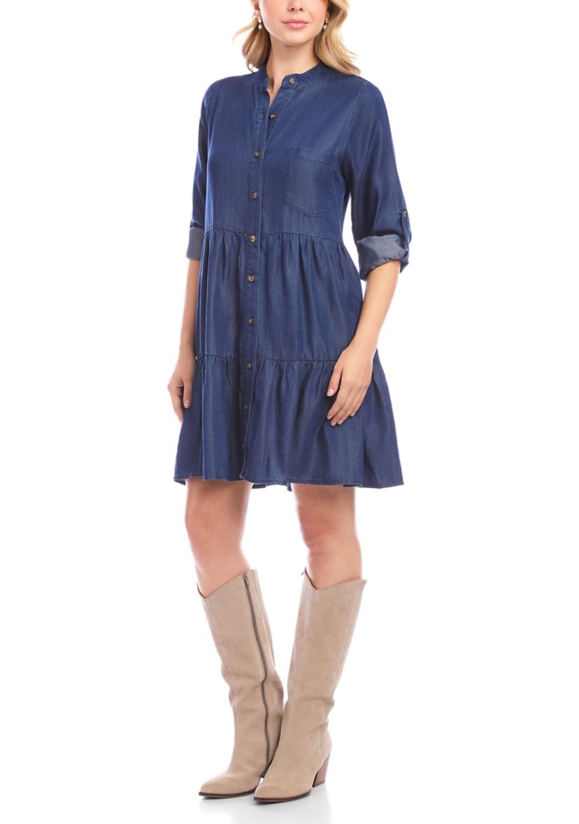 Petite Size Roll Tab Tiered Shirtdress