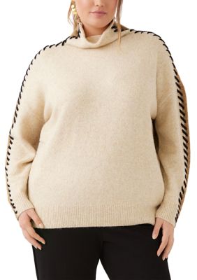 Karen Kane Women's Plus Size Contrast Stitch Mock Neck Colorblock Sweater, 3XL