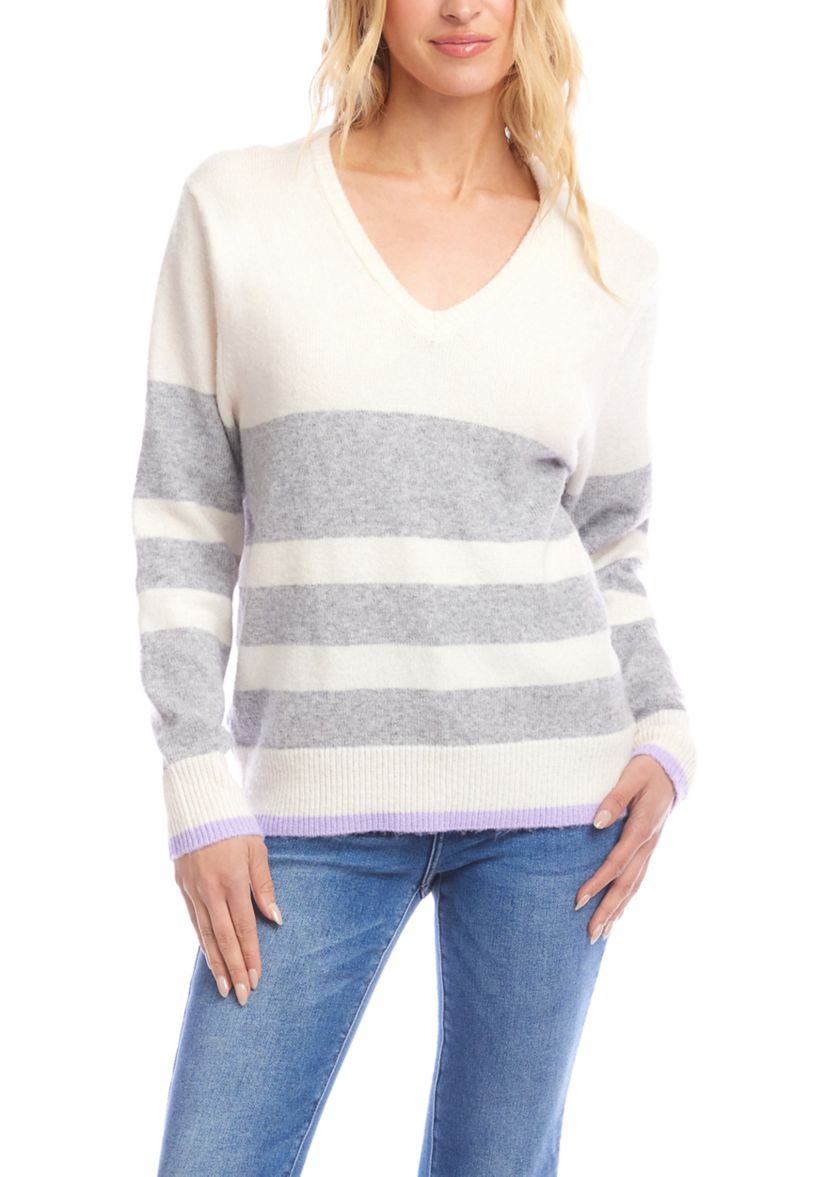 Womens Stripe V-Neck Sweater 