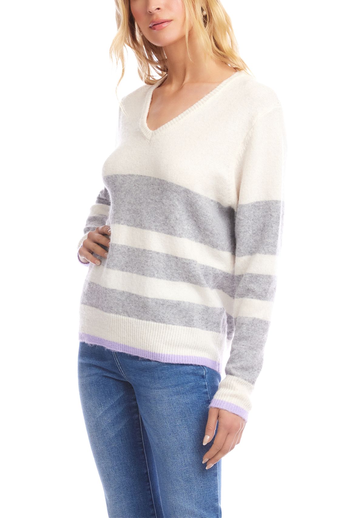 Womens Stripe V-Neck Sweater 