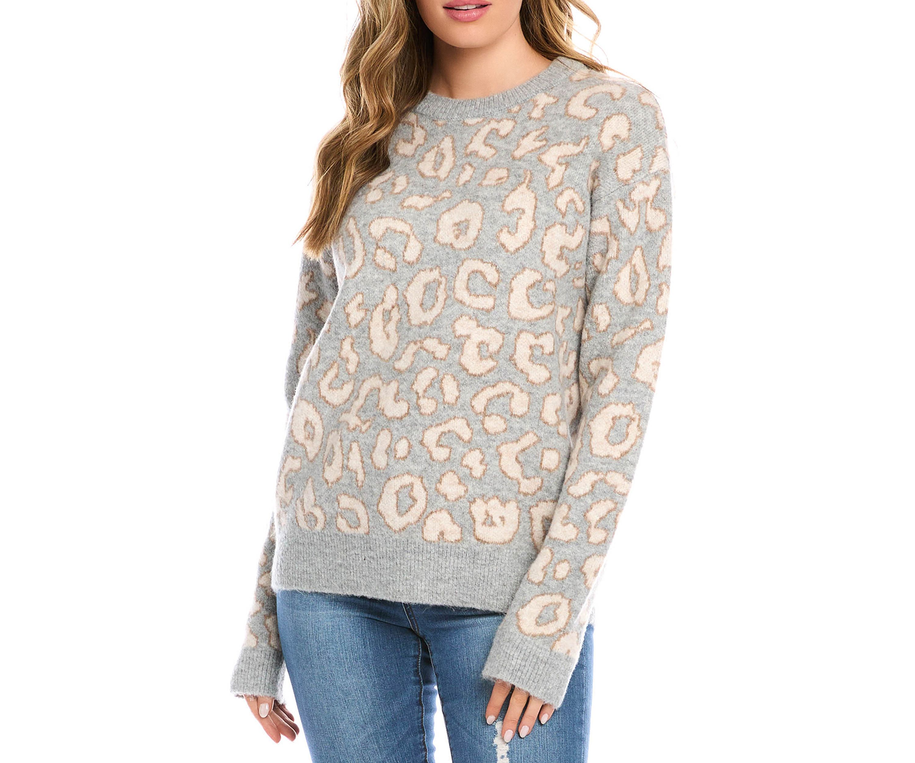 Womens Animal Print Jacquard Pullover Sweater