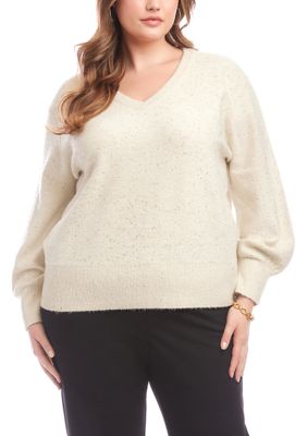 Karen Kane Womens Plus Size Sequin VNeck Sweater 2X