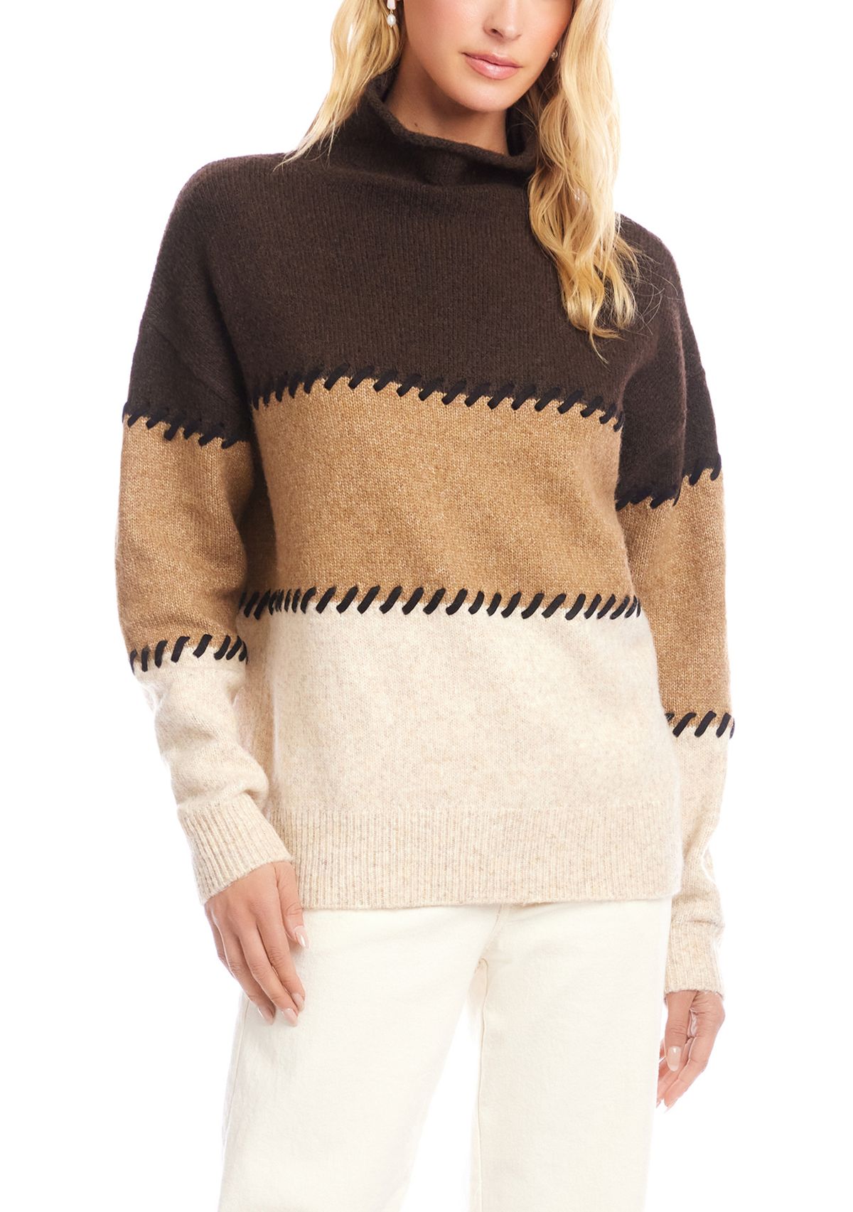 Petite Size Contrast Stitch Mock Neck Color Block Sweater