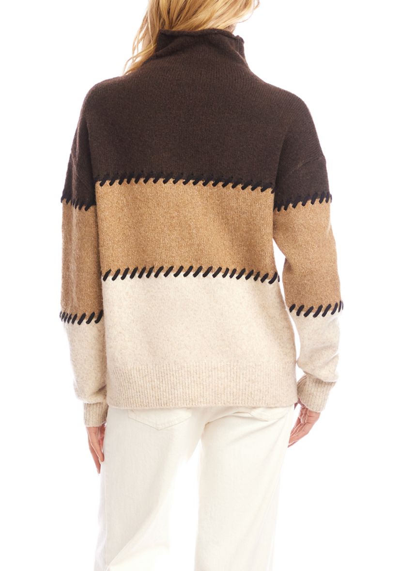 Petite Size Contrast Stitch Mock Neck Color Block Sweater