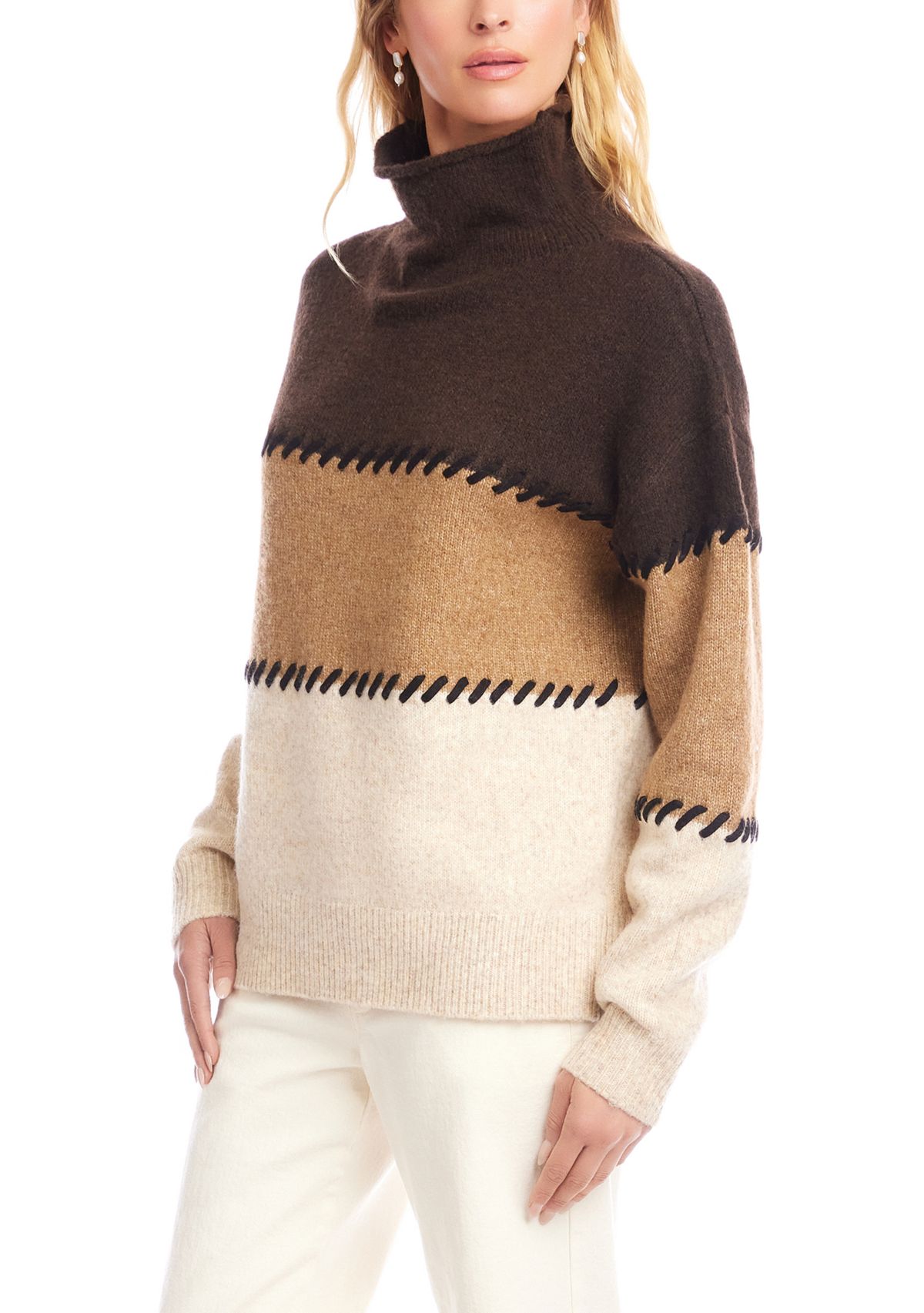 Petite Size Contrast Stitch Mock Neck Color Block Sweater