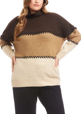 Karen Kane Women's Plus Size Contrast Stitch Mock Neck Color Block Sweater, 3X