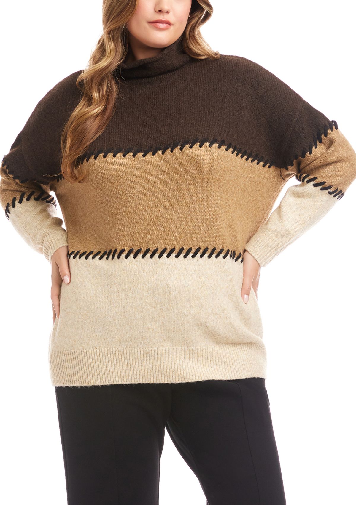 Plus Size Contrast Stitch Mock Neck Color Block Sweater