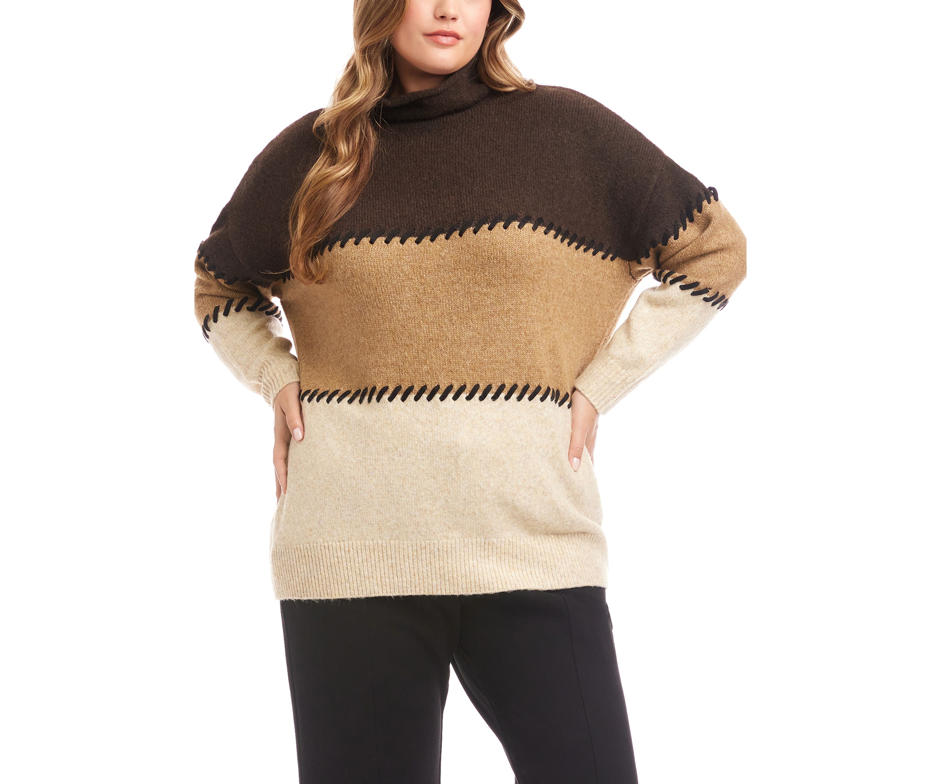 Plus Size Contrast Stitch Mock Neck Color Block Sweater