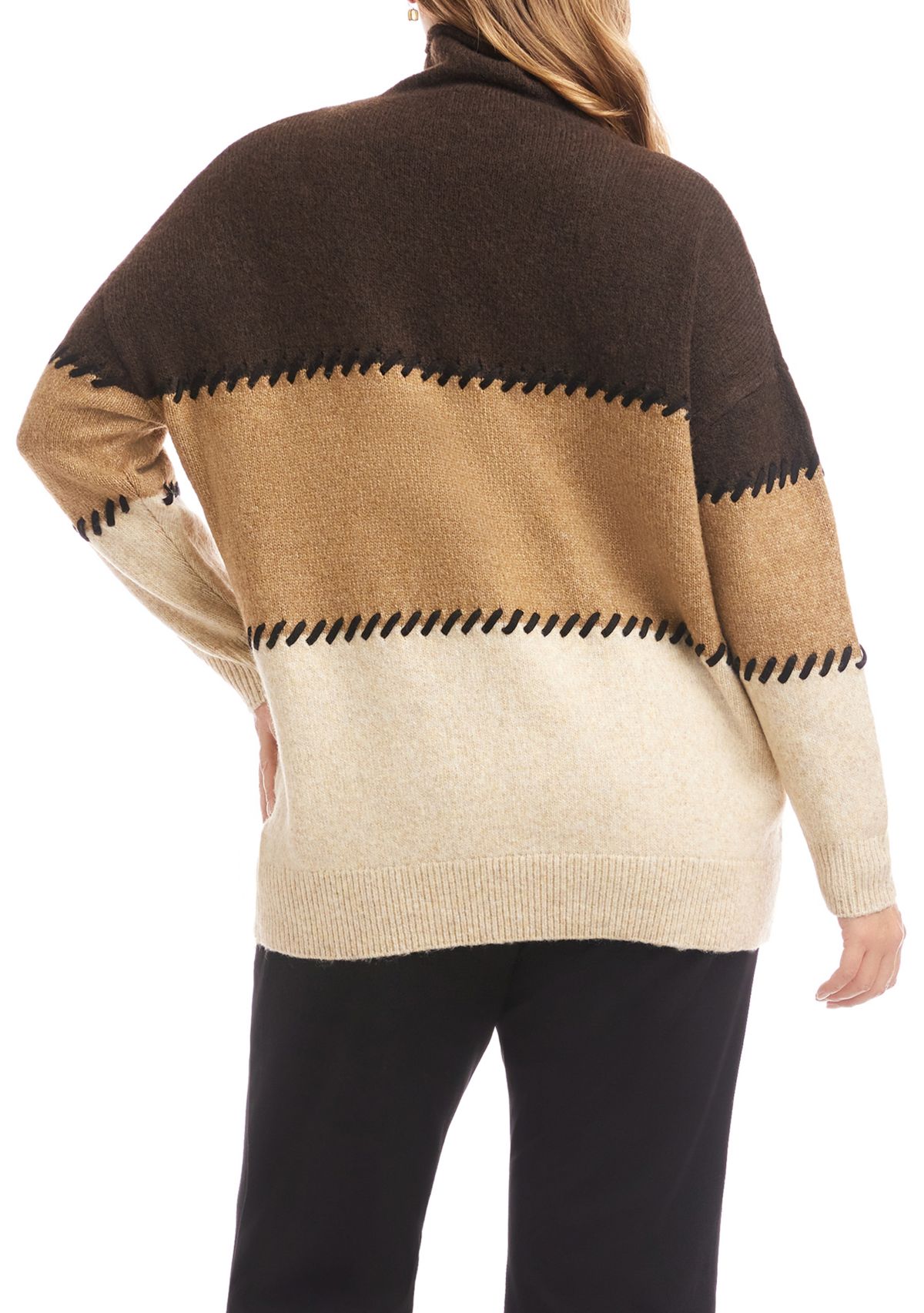 Plus Size Contrast Stitch Mock Neck Color Block Sweater