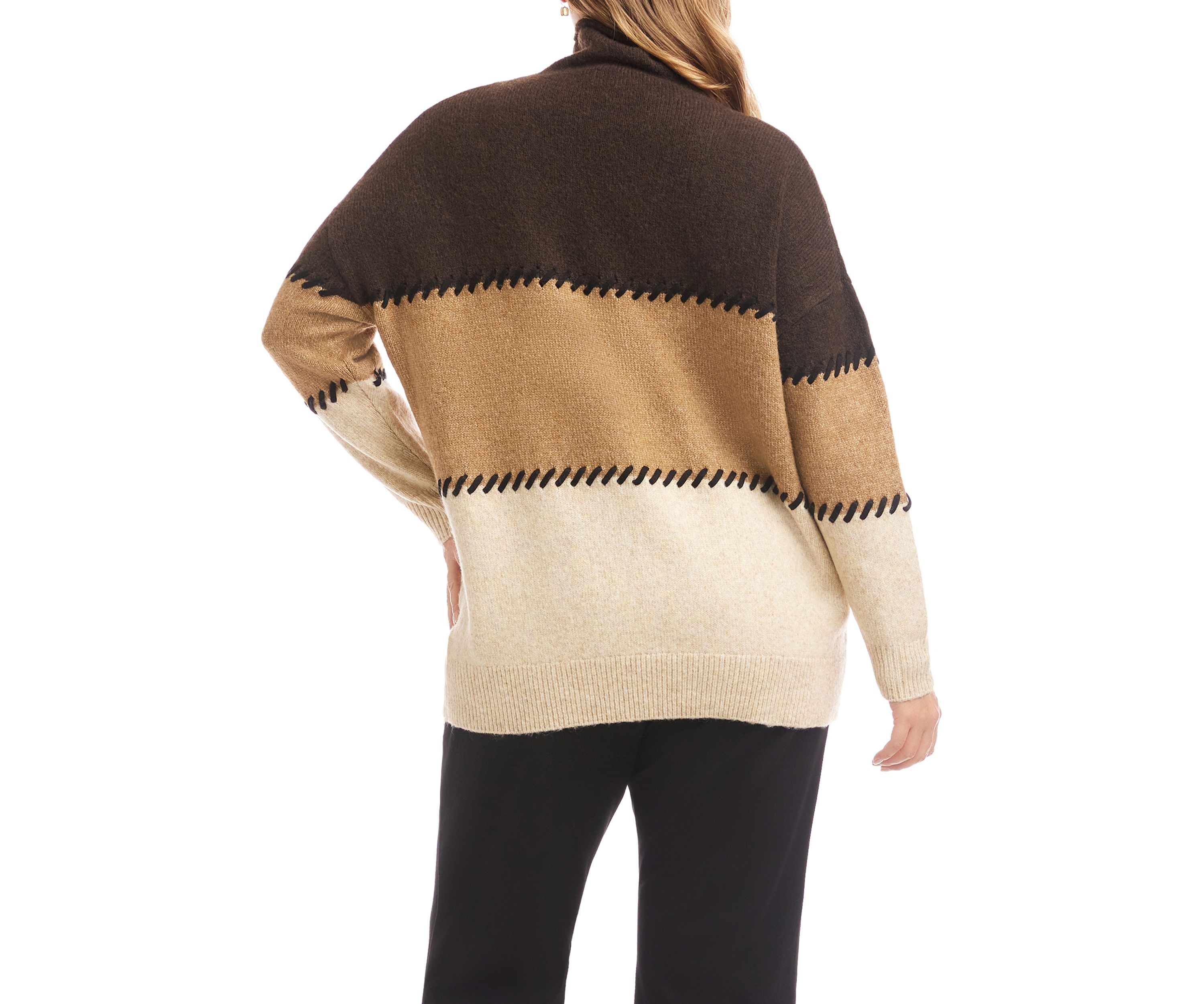 Plus Size Contrast Stitch Mock Neck Color Block Sweater