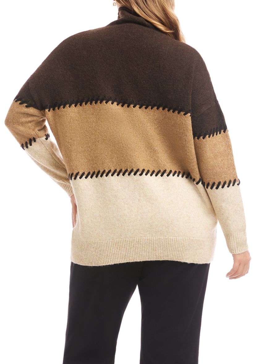 Plus Size Contrast Stitch Mock Neck Color Block Sweater
