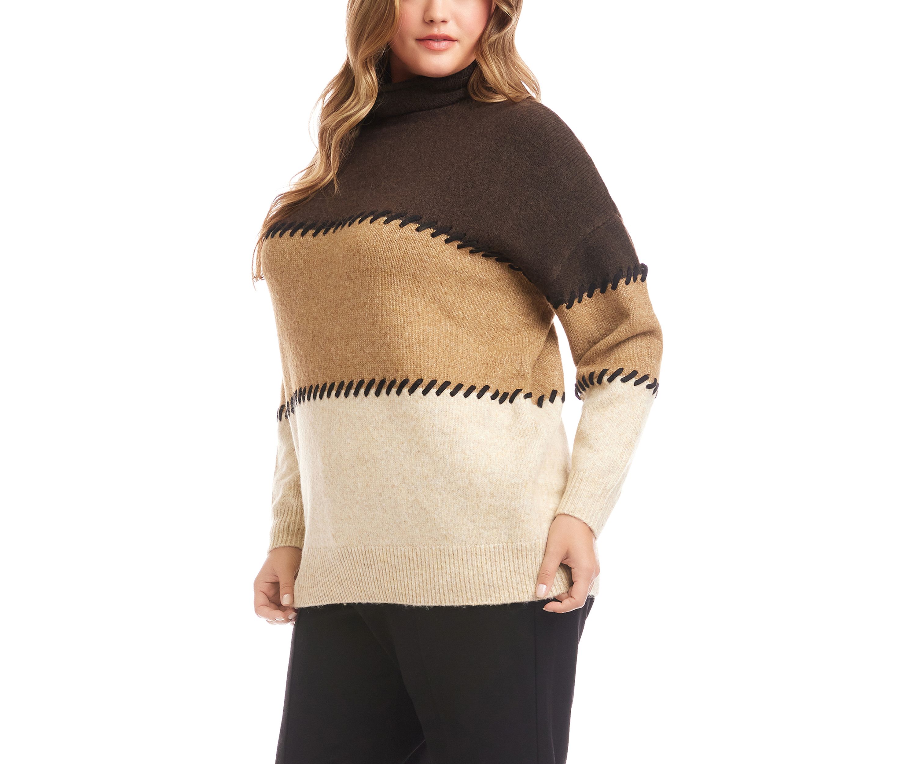 Plus Size Contrast Stitch Mock Neck Color Block Sweater