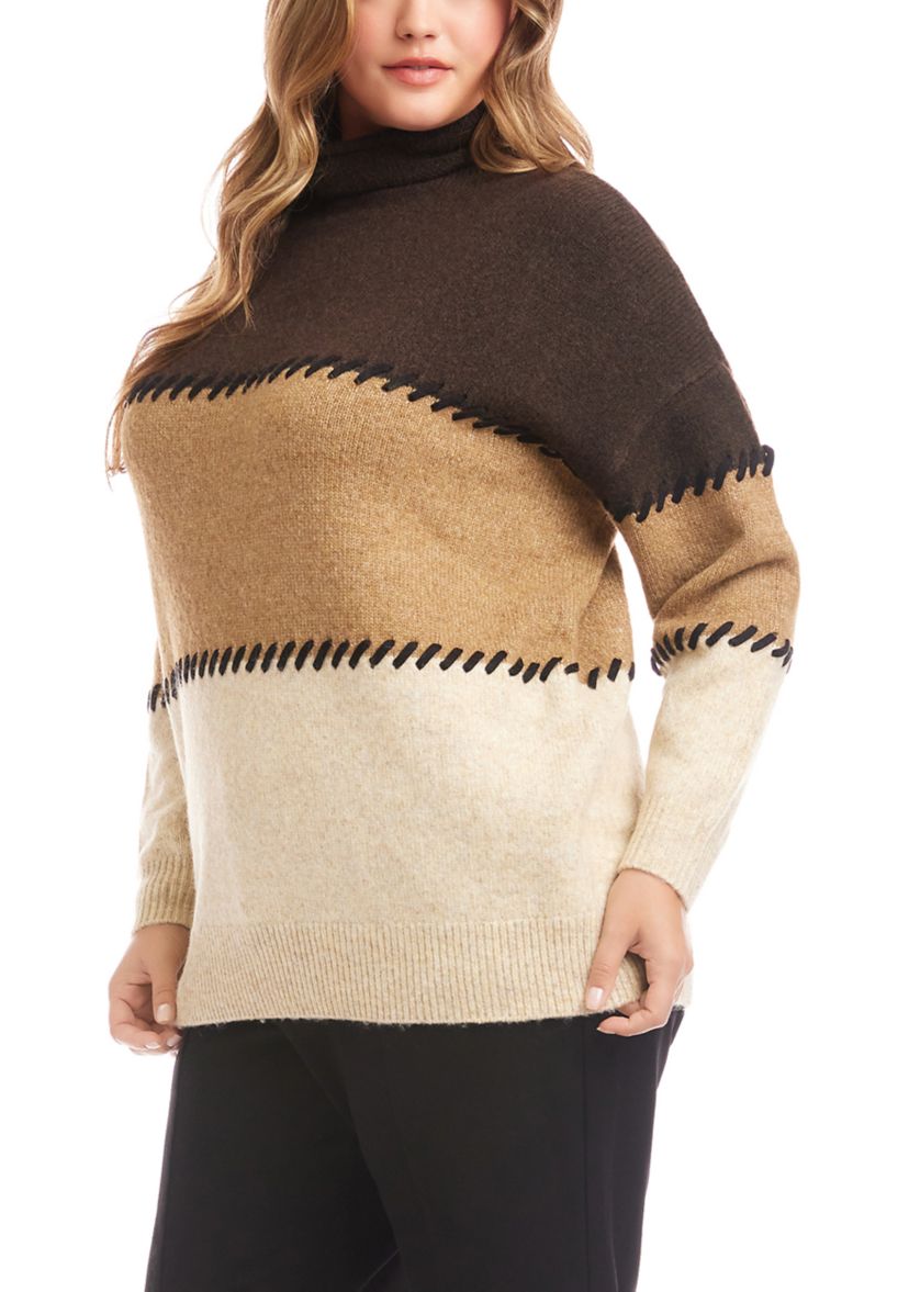 Plus Size Contrast Stitch Mock Neck Color Block Sweater
