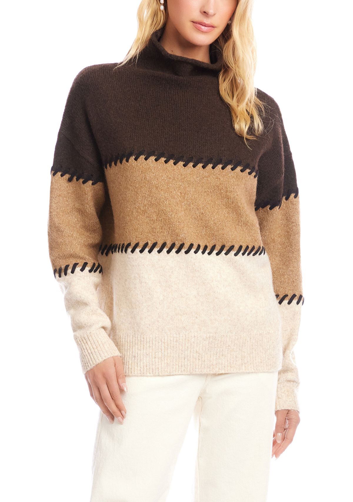 Womens Contrast Stitch Mock Neck Color Blocked Sweater