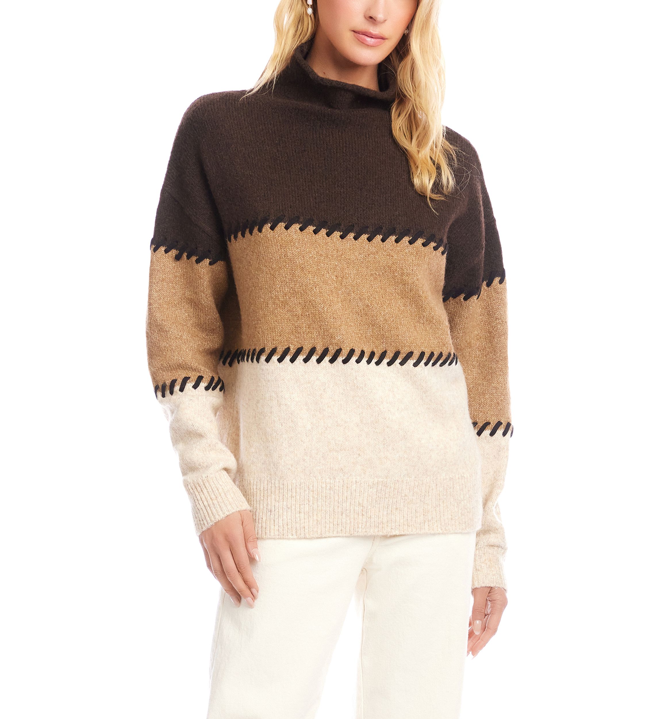 Womens Contrast Stitch Mock Neck Color Blocked Sweater