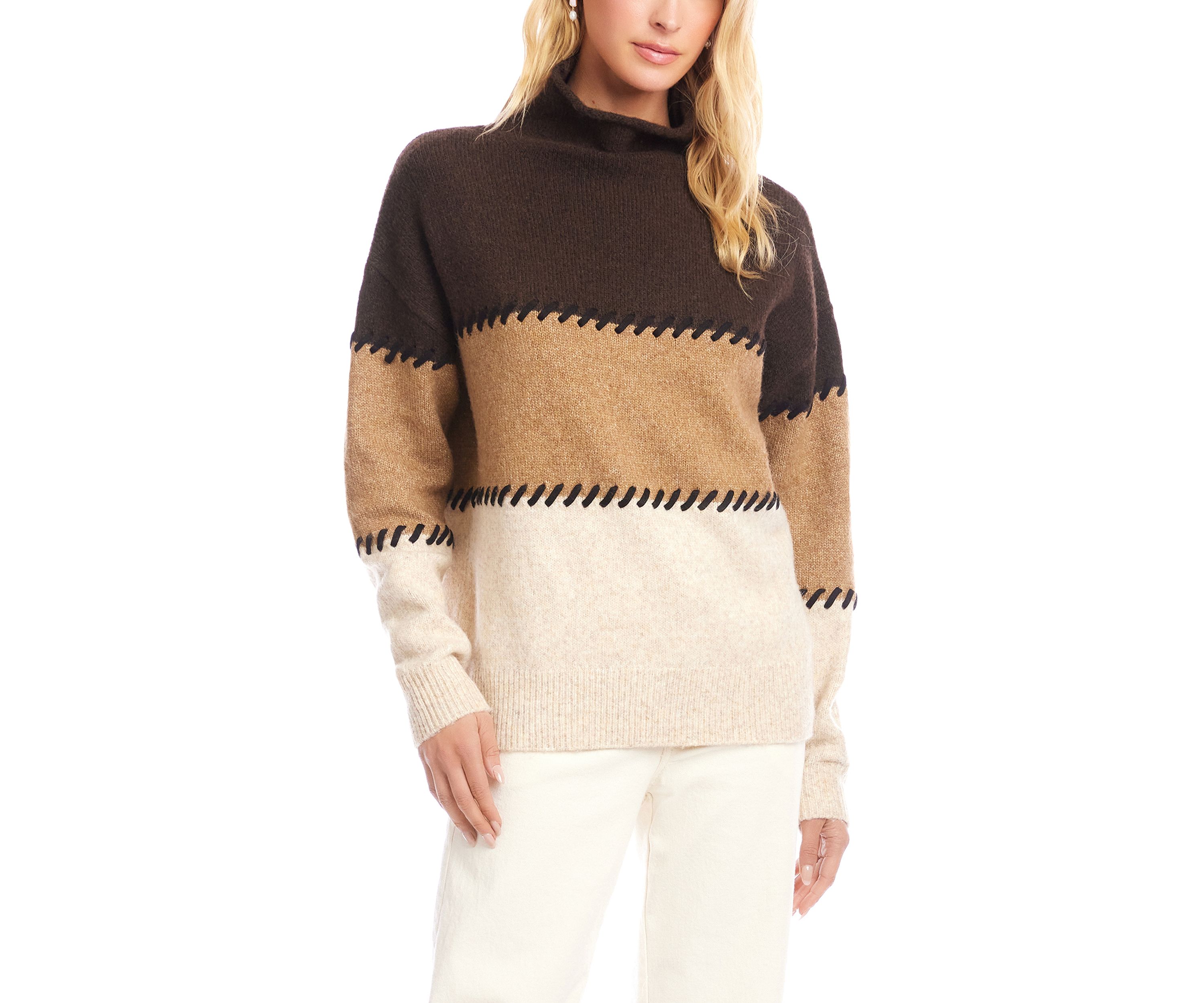 Womens Contrast Stitch Mock Neck Color Blocked Sweater