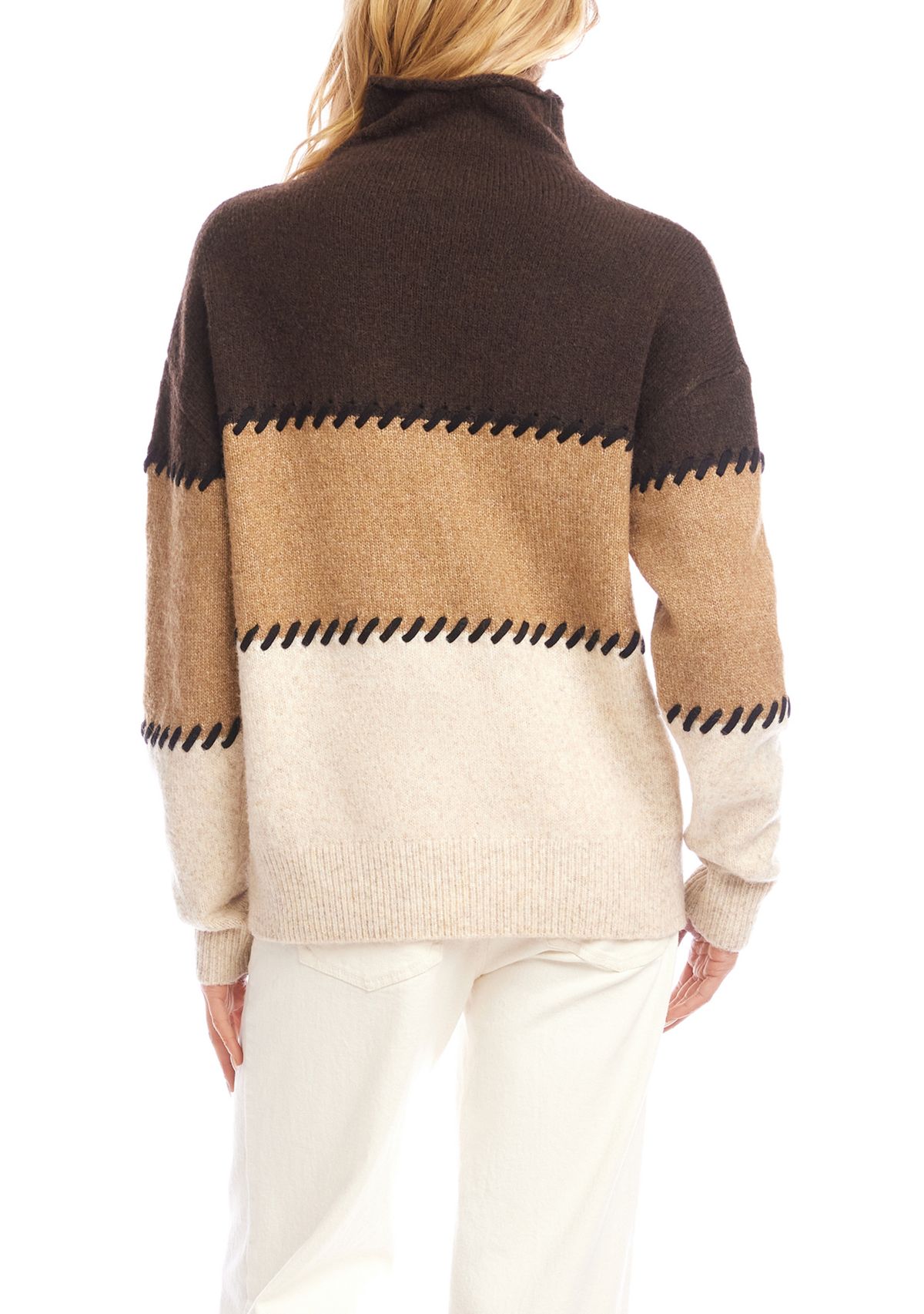 Womens Contrast Stitch Mock Neck Color Blocked Sweater