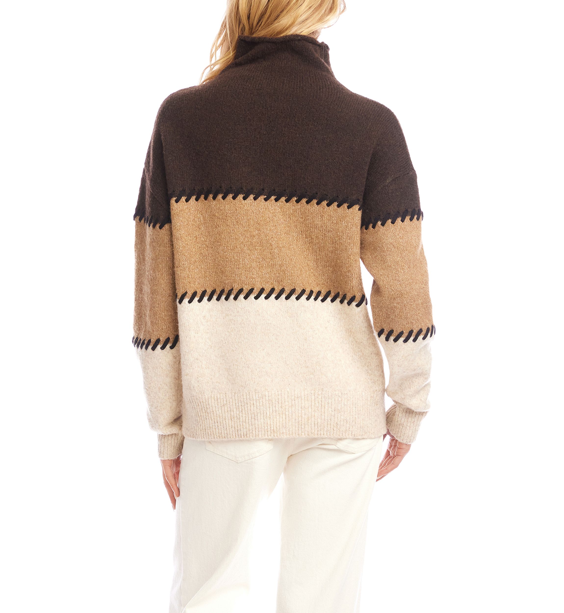Womens Contrast Stitch Mock Neck Color Blocked Sweater