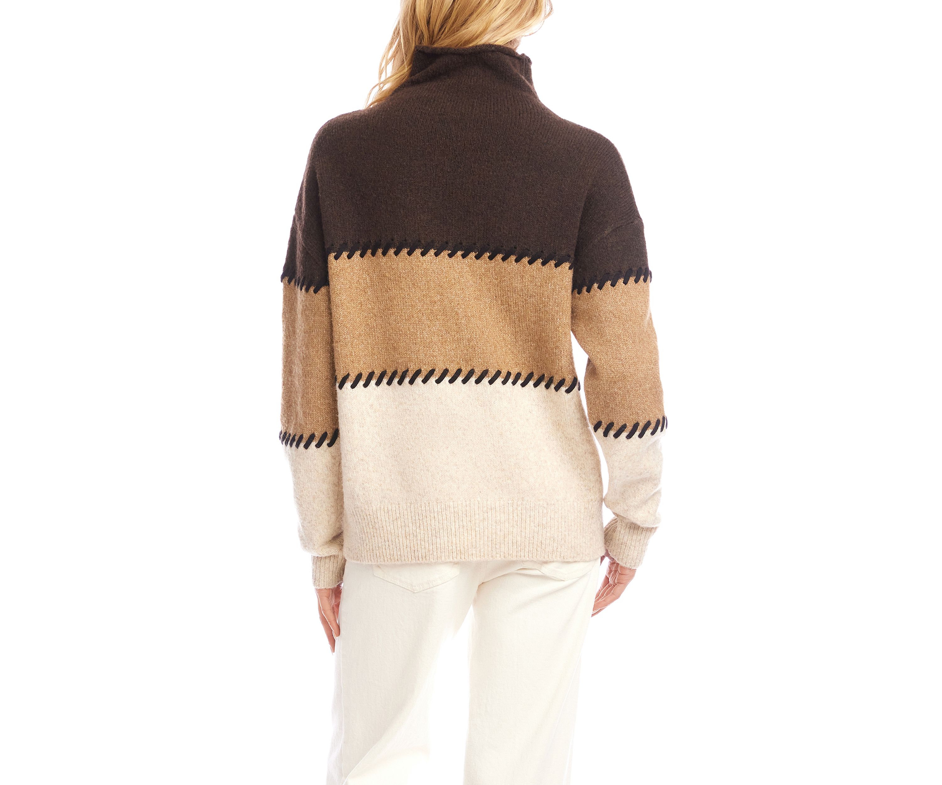 Womens Contrast Stitch Mock Neck Color Blocked Sweater