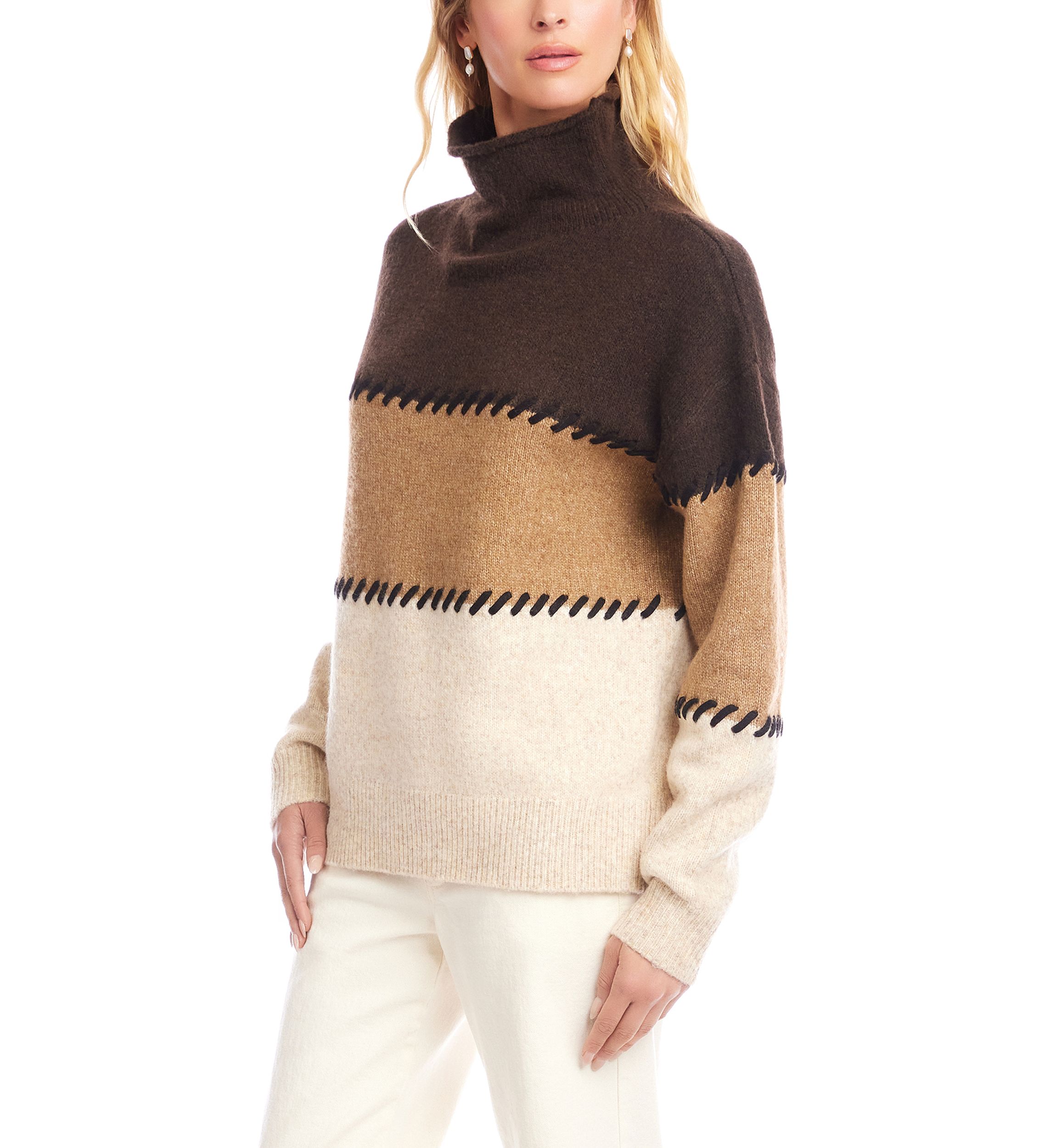 Womens Contrast Stitch Mock Neck Color Blocked Sweater