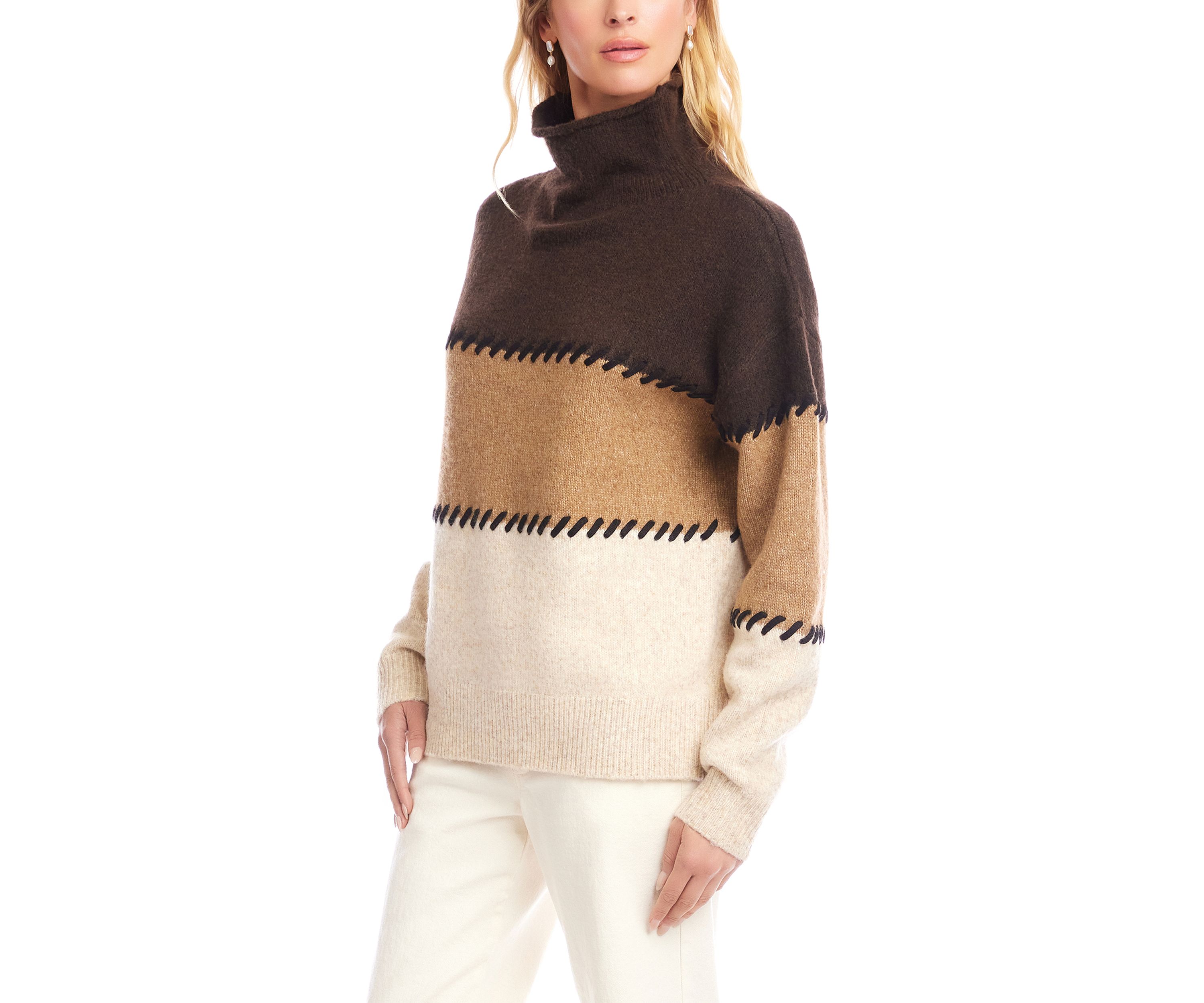 Womens Contrast Stitch Mock Neck Color Blocked Sweater