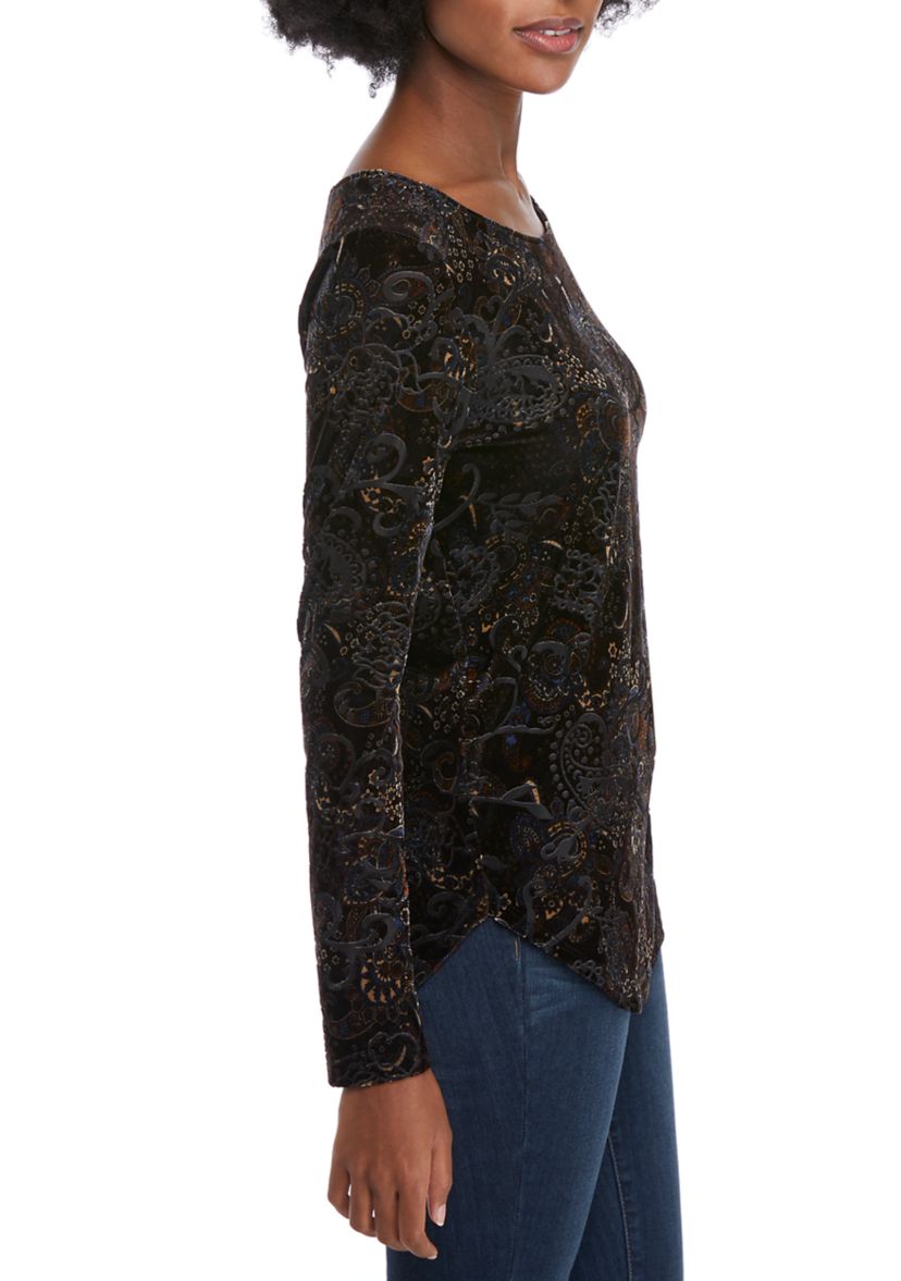Womens Paisley Burnout Velvet Top