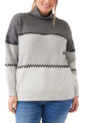 Karen Kane Women's Plus Size Contrast Stitch Mock Neck Colorblock Sweater, 3XL