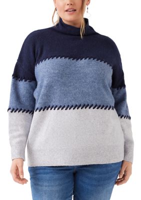Karen Kane Women's Plus Size Contrast Stitch Mock Neck Colorblock Sweater, 3XL