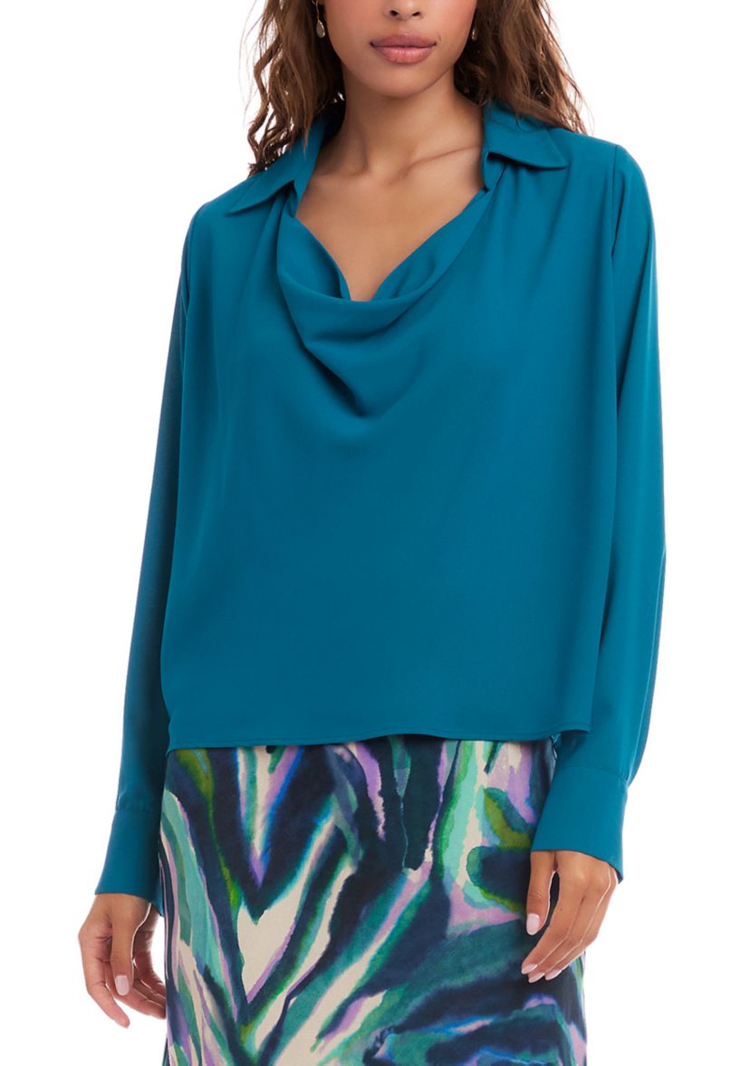 Womens Long Sleeve Collared Cowl Neck Top