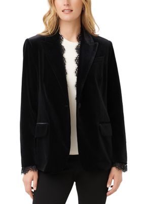 Karen Kane Women's Petite Size Lace Trim Velvet Blazer, PXL