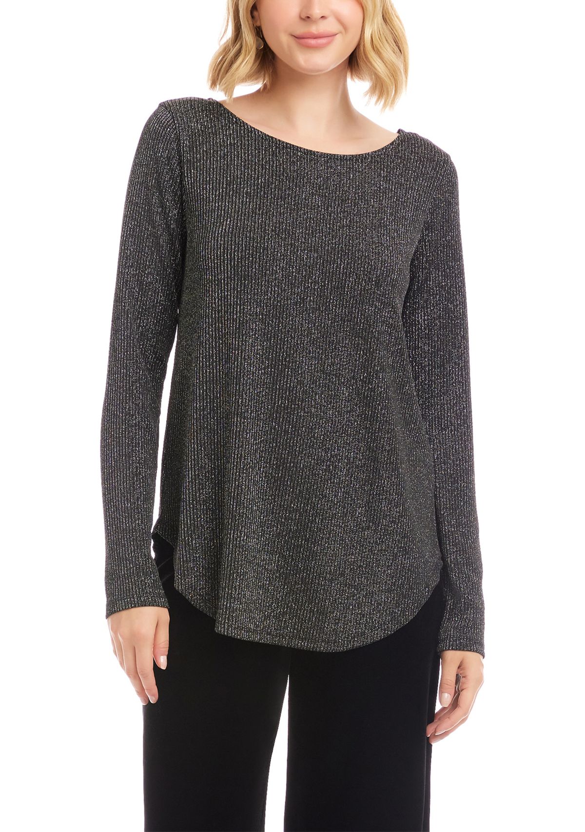 Womens Long Sleeve Metallic Stripe Shirttail Top