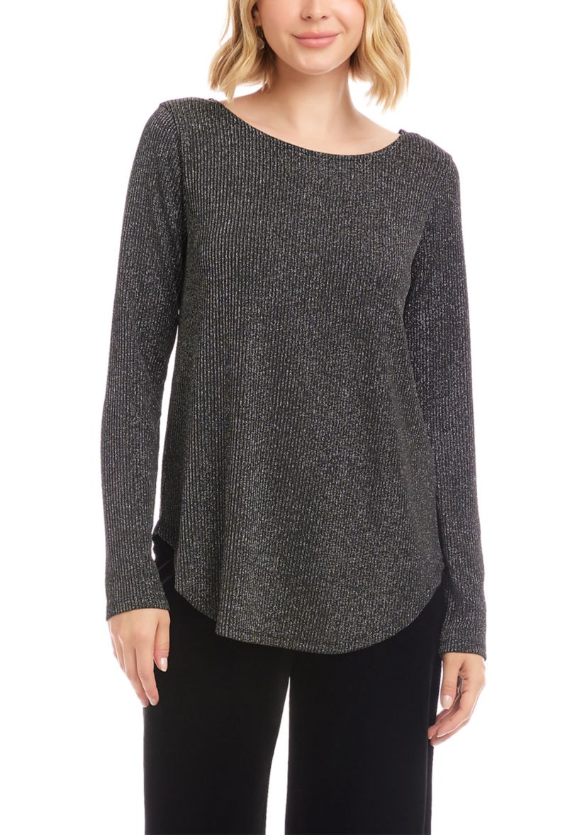 Womens Long Sleeve Metallic Stripe Shirttail Top