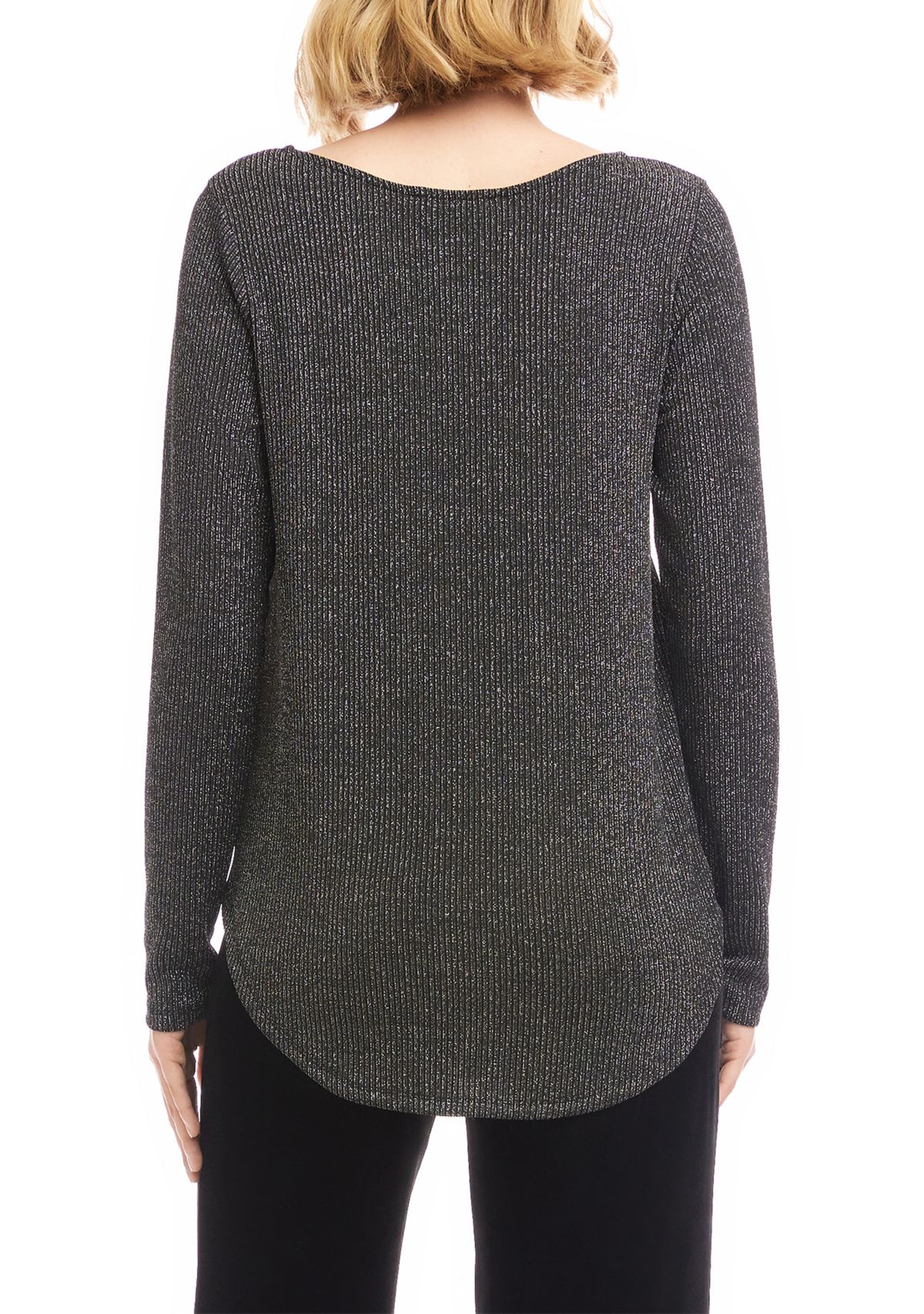 Womens Long Sleeve Metallic Stripe Shirttail Top