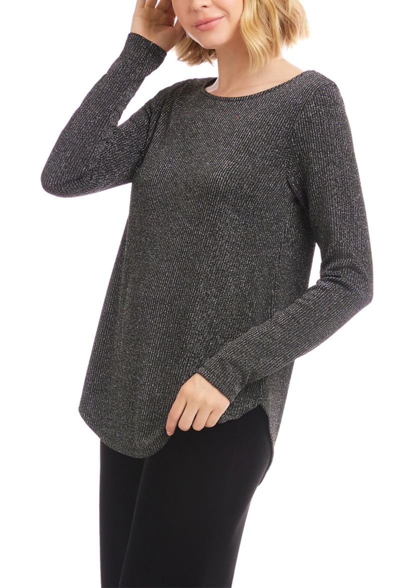 Womens Long Sleeve Metallic Stripe Shirttail Top