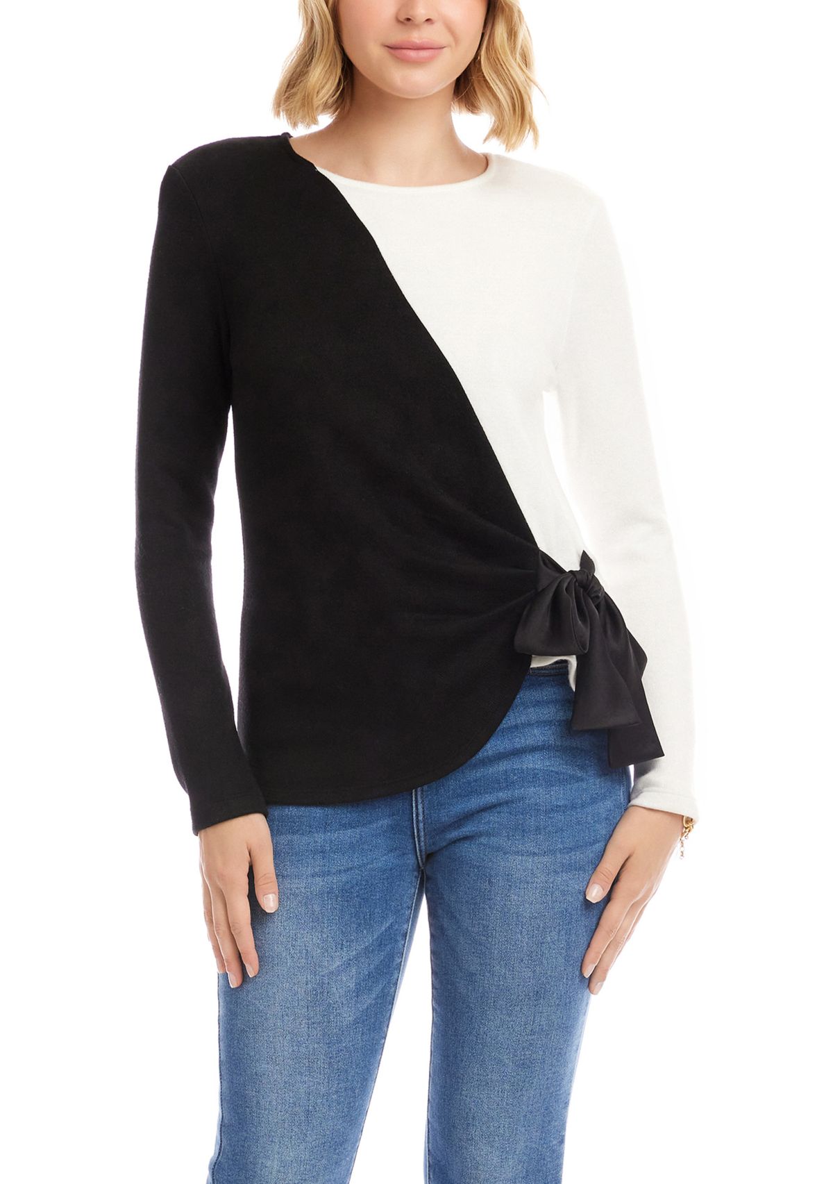 Womens Long Sleeve Color Block Bow Top 