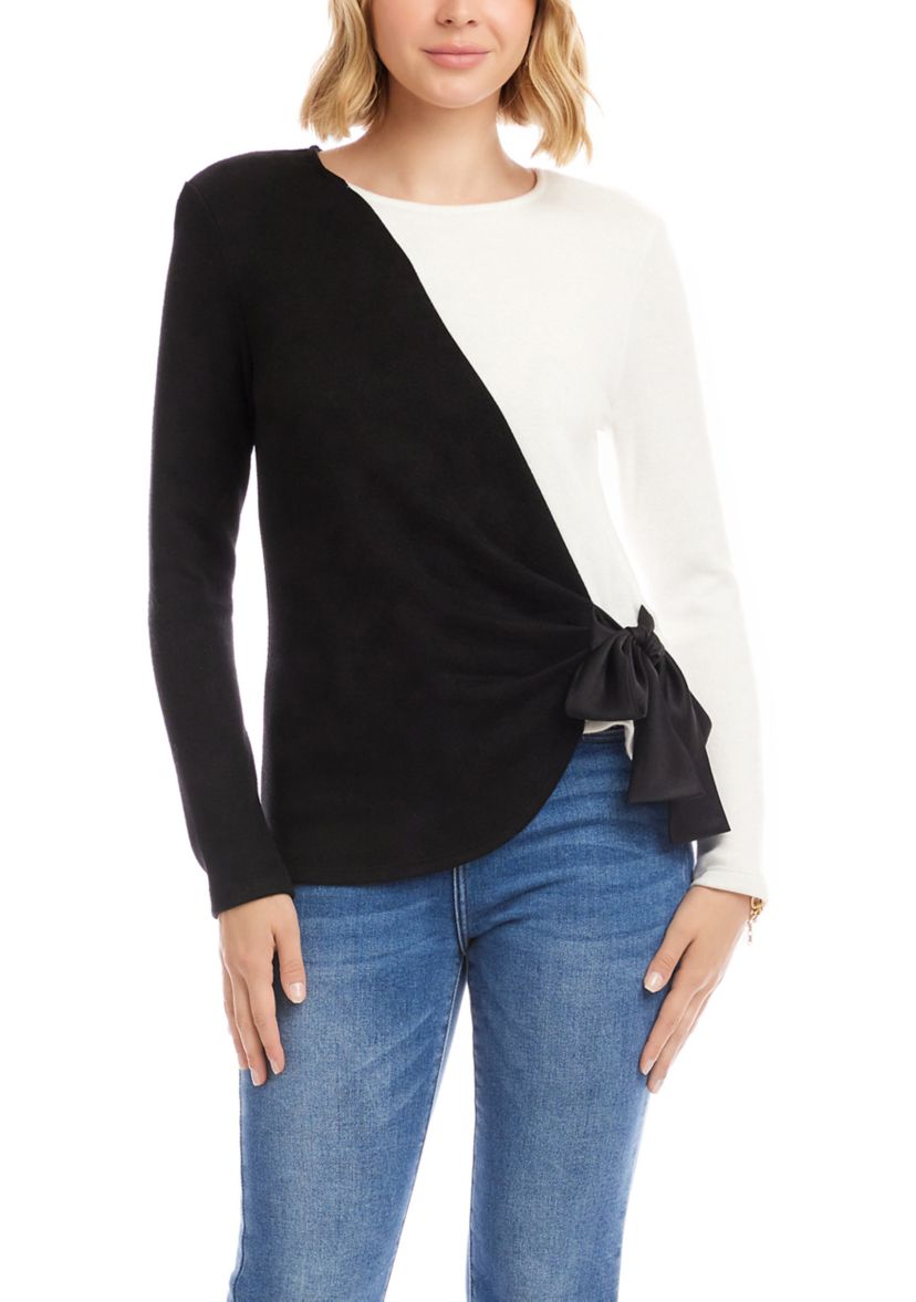 Womens Long Sleeve Color Block Bow Top 
