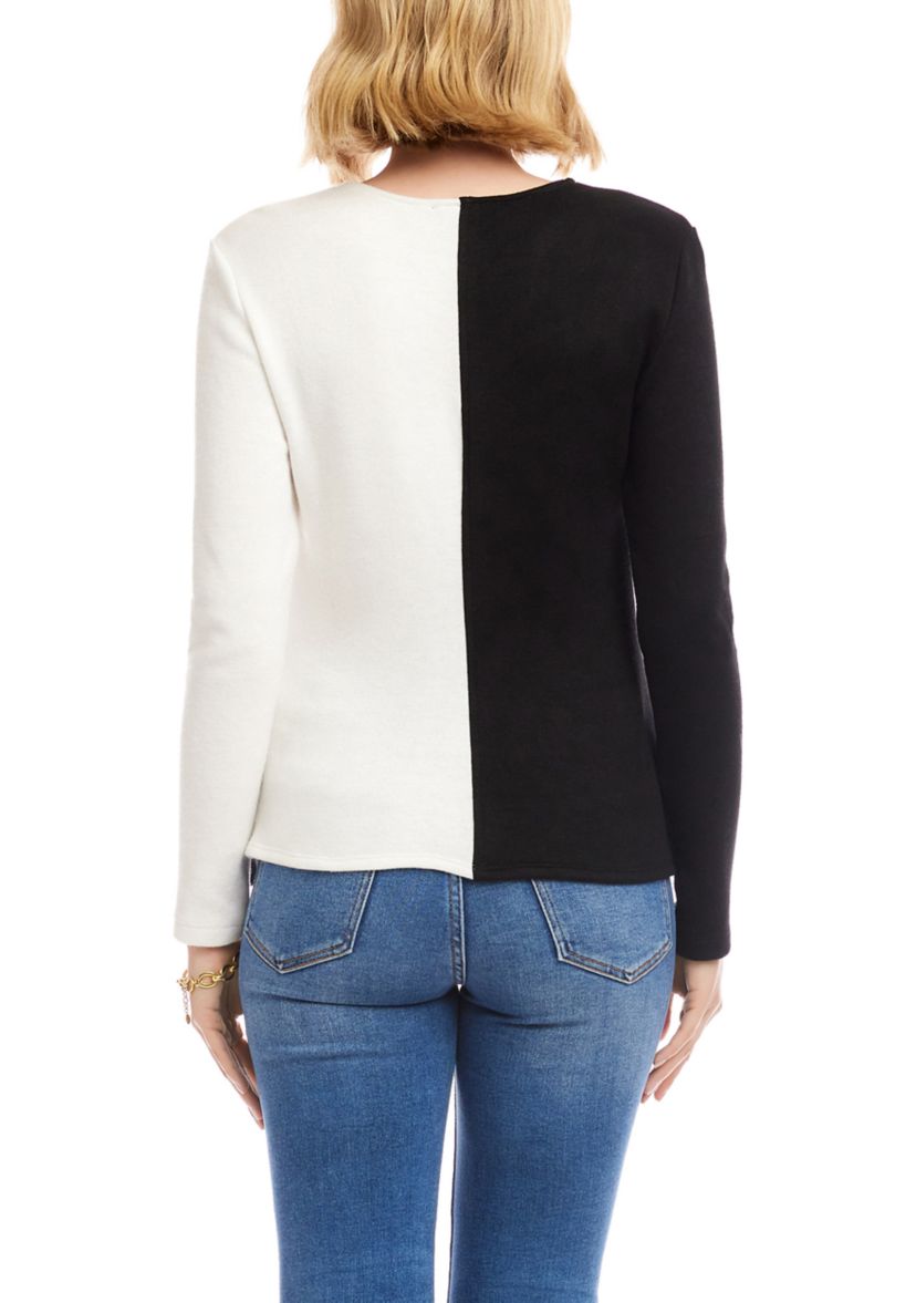 Womens Long Sleeve Color Block Bow Top 