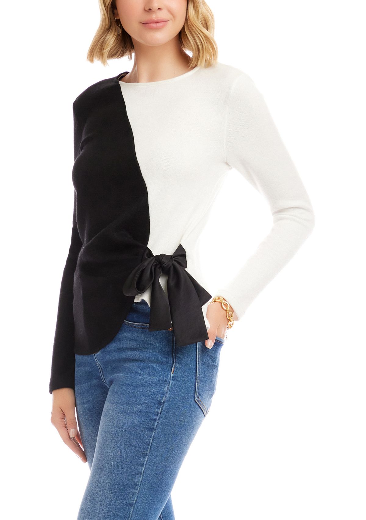 Womens Long Sleeve Color Block Bow Top 