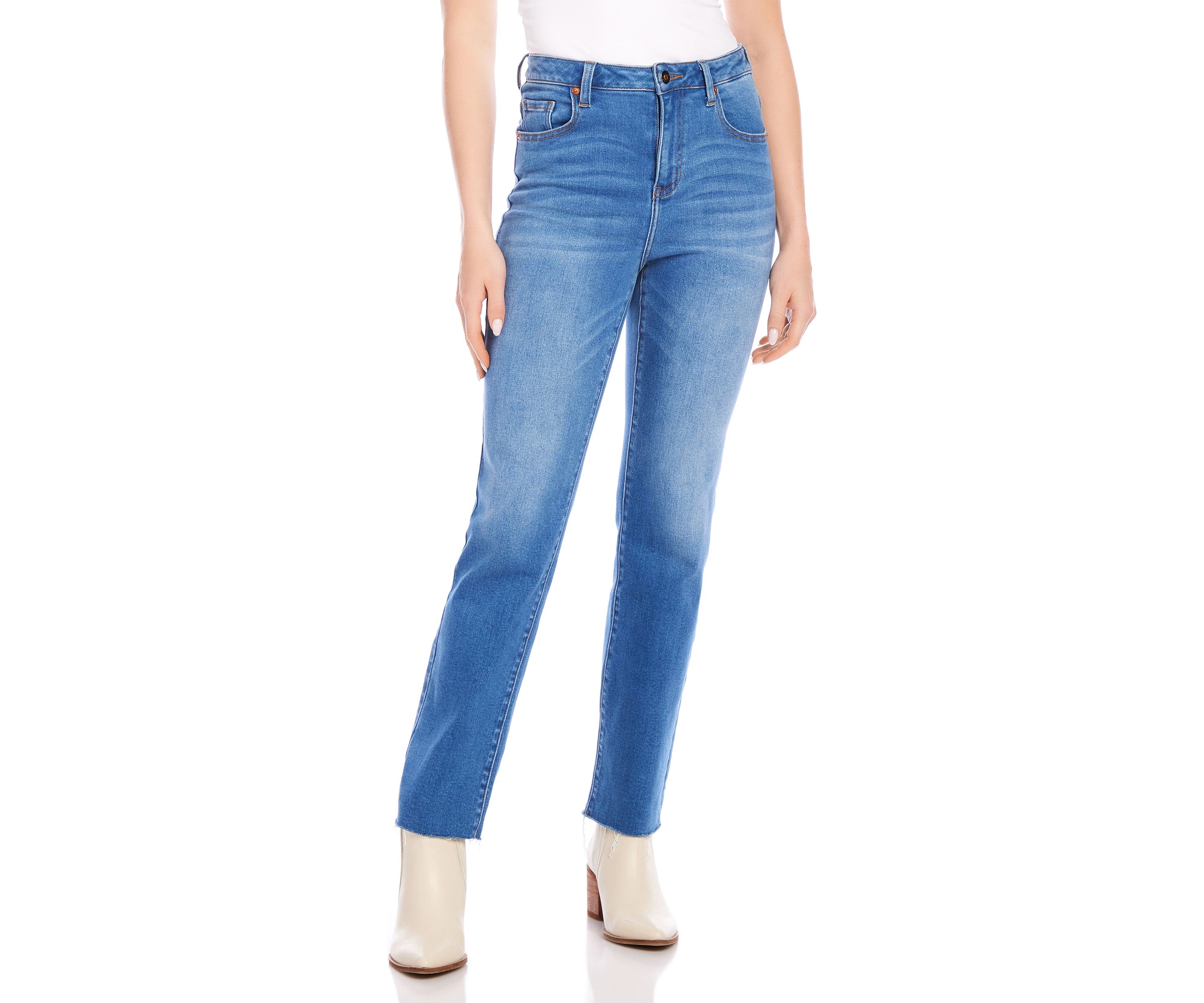 Petite Size Raw Hem Straight Jeans