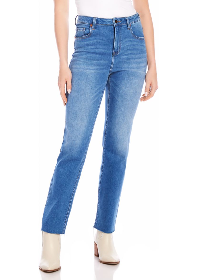 Petite Size Raw Hem Straight Jeans