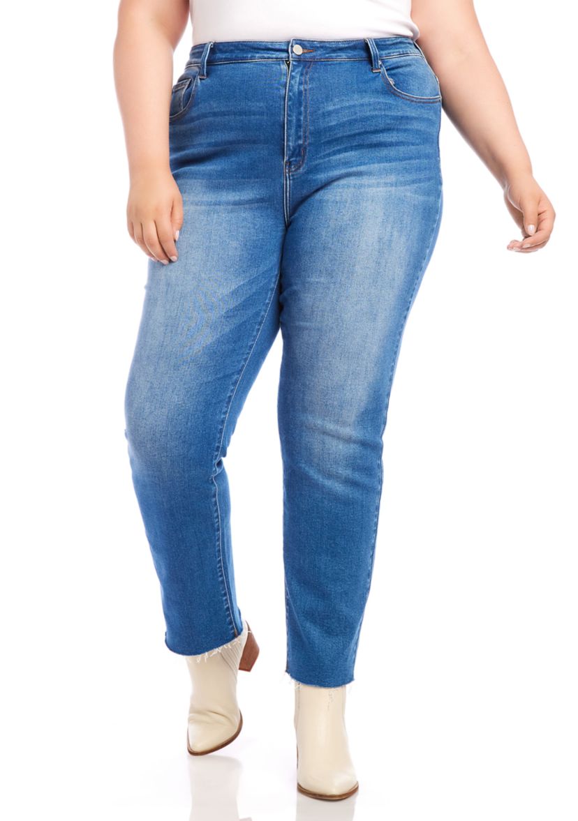 Plus Size Raw Hem Straight Jeans