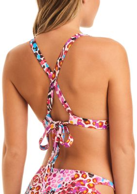 Jessica Simpson Women's Stranded In Paradise Floral-Print Ruffled-Shoulder  Bikini Bra Top