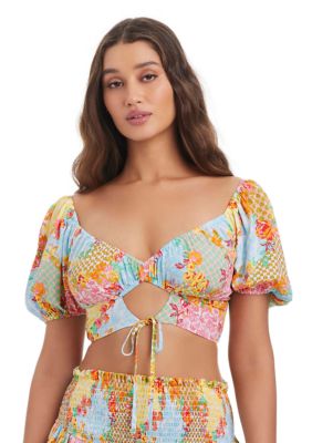Jessica Simpson Women's Cropped Shirt With Puff Sleeves Coverup, XL