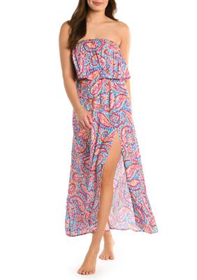 Printed Bandeau Ruffle Maxi Dress