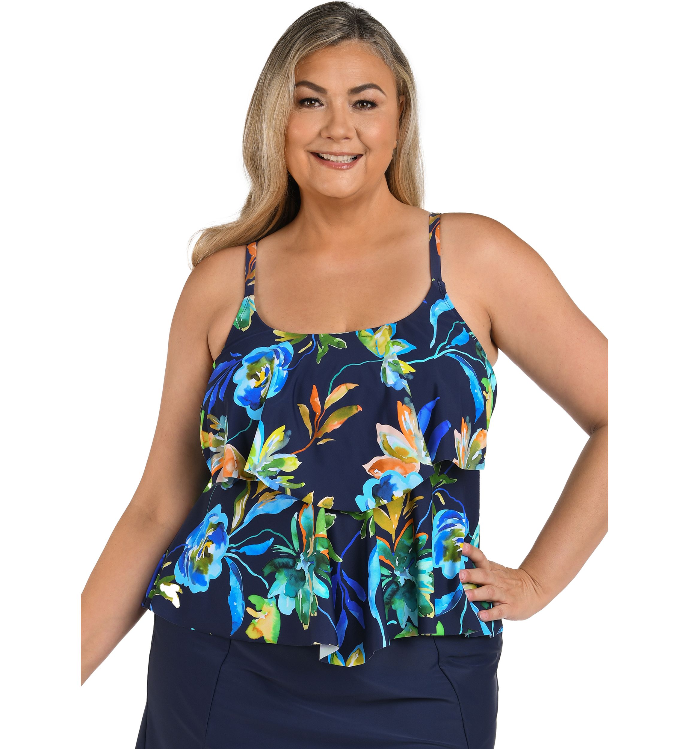 Plus Size Indigo Vineyard Double Tiered Tankini Swim Top 