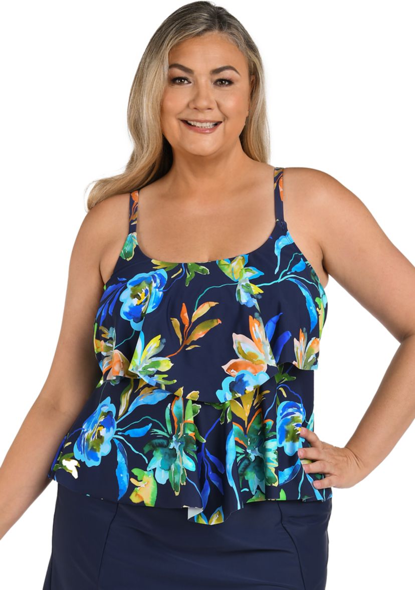 Plus Size Indigo Vineyard Double Tiered Tankini Swim Top 