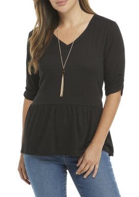 Women's Ruched Sleeve Peplum Knit Top with Necklace