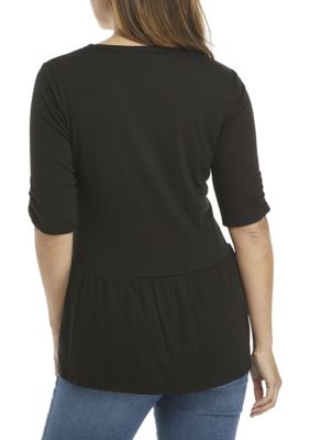 Women's Ruched Sleeve Peplum Knit Top with Necklace