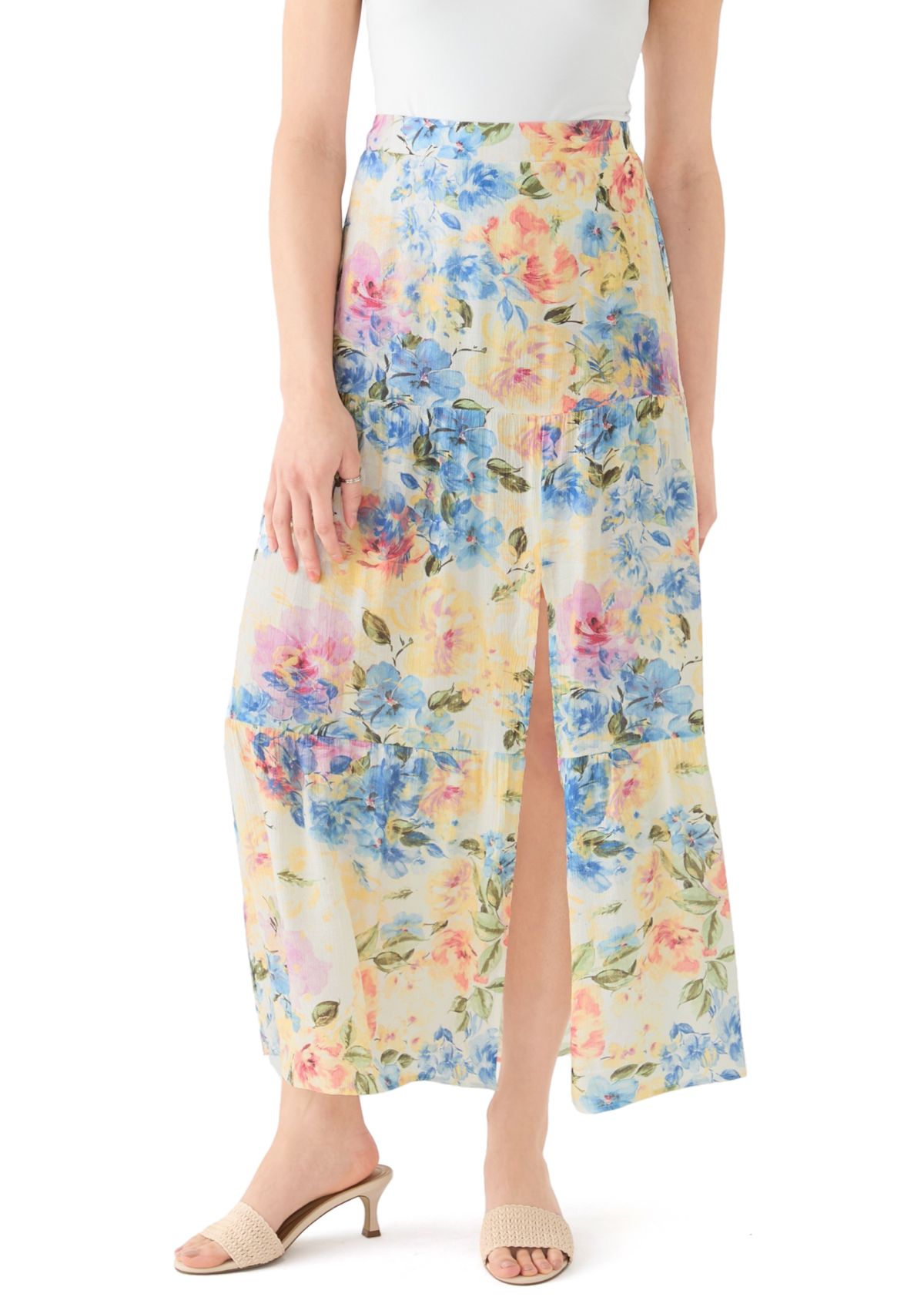 Womens Printed Tiered Maxi Skirt with Slit