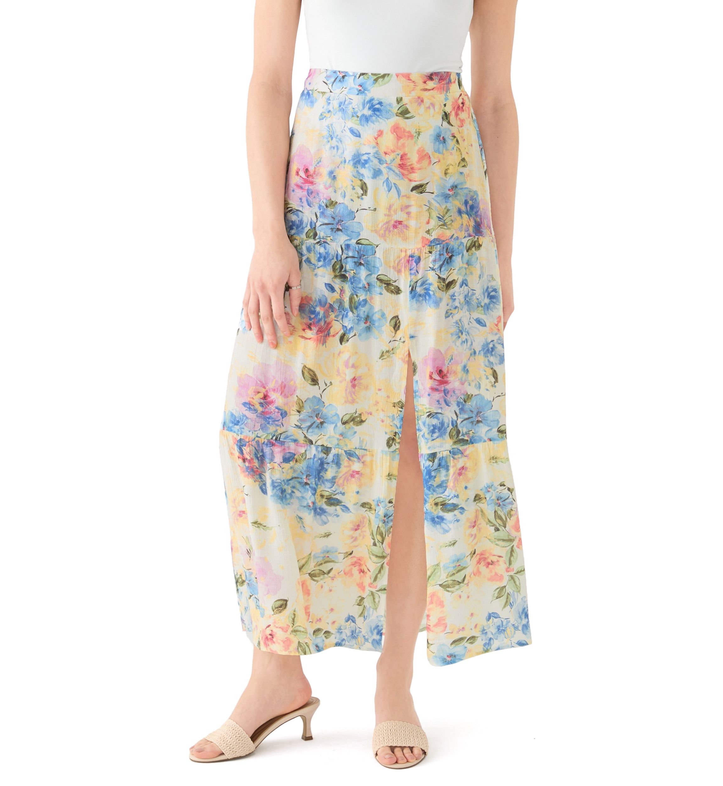 Womens Printed Tiered Maxi Skirt with Slit